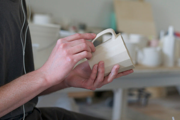 Attaching a handle to a Monday Mug by The Bright Angle, Handmade Pottery in Asheville NC