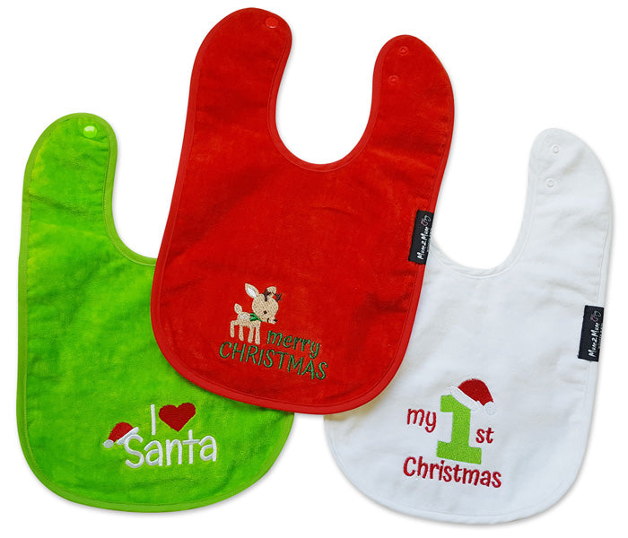 Mum2Mum- Christmas Wonder Bibs https://babystuff.co.nz/products/mum2mum-christmas-wonder-bibs Keep your baby dry and their Christmas Day outfit clean with these cute bibs. Perfect for Christmas lunch with the family...