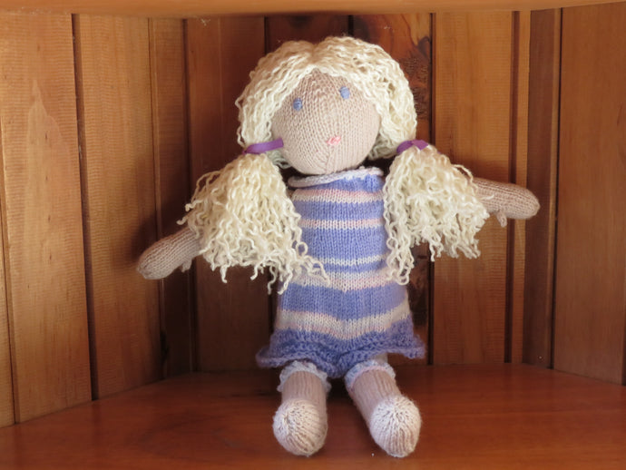 Made in the Mist - Knitted 'Sally' Doll - Felicity https://babystuff.co.nz/products/made-in-the-mist-knitted-sally-doll-felicity 'Felicity' is a kind and generous friend. Always there when you need her with a smile. All Sally dolls are, as much as possible, made from materials sourced from garage sales, donated by friends and thrift stores. Each doll is a one off creation. The dress and panties are removable. Keep an eye on our website for a ran...