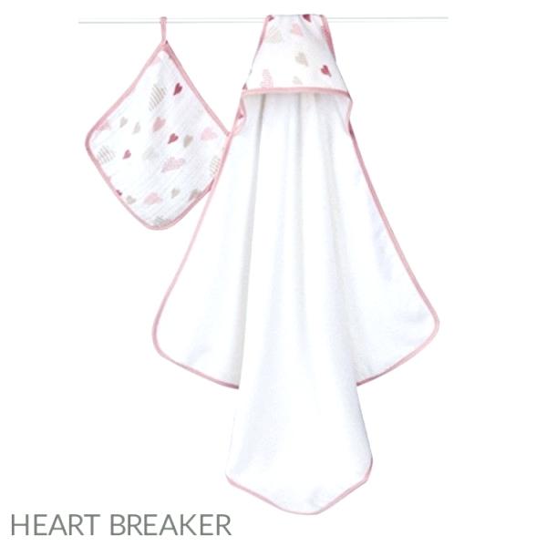 Aden + Anais - Hooded Towel + Washcloth Set - Heartbreaker https://babystuff.co.nz/products/aden-anais-hooded-towel-washcloth-set-heartbreaker Little heads stay warm and dry with the aden + anais hooded towel and washcloth set. The 100% cotton muslin washcloth is gentle against baby's skin and the soft cotton terry hooded towel makes this set a bath time essential.