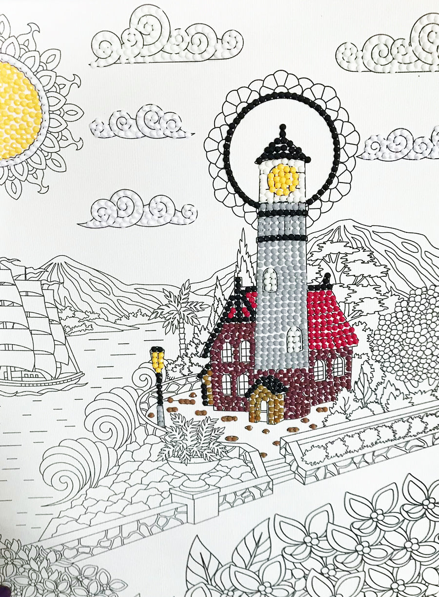 Lighthouse picture in coloring book with gems 