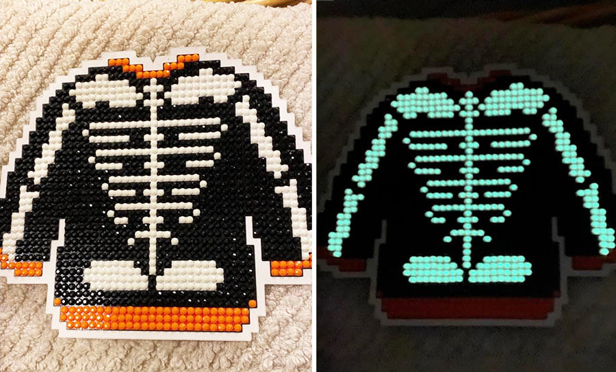 Skelton Sweater card decorated with glow in the dark gems 