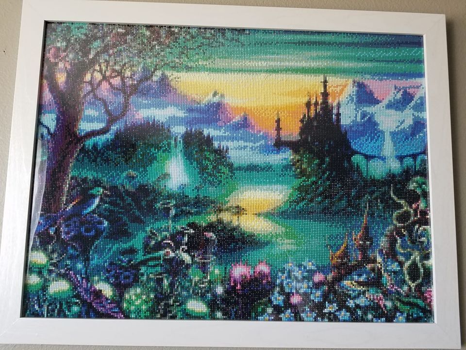 Fantastical diamond painting depicting a brightly colored landscape. Image from Jennifer Drysdale Wolcott in the Painting With Diamonds Support Group