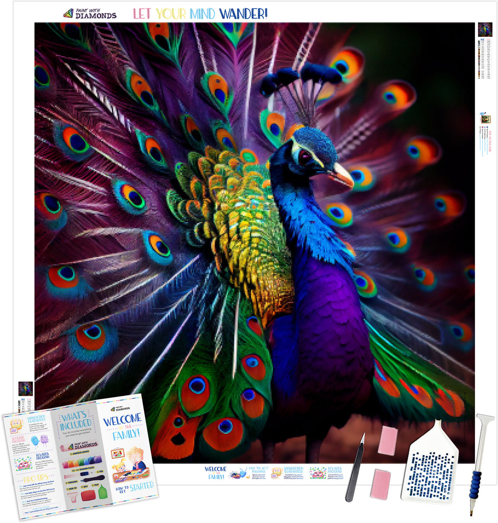 Powerful Vibrant Peacock Stained Glass Official Diamond Painting Kit, Diamond Art