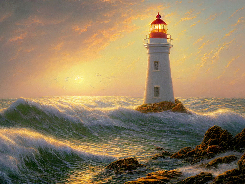 lighthouse beach sunset AH1352 5D Diamond Painting