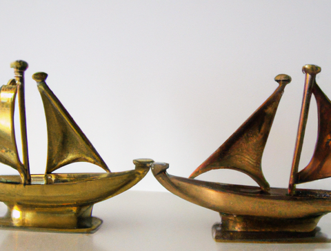 Two miniature decorative boats, one made of brass, one made of bronze