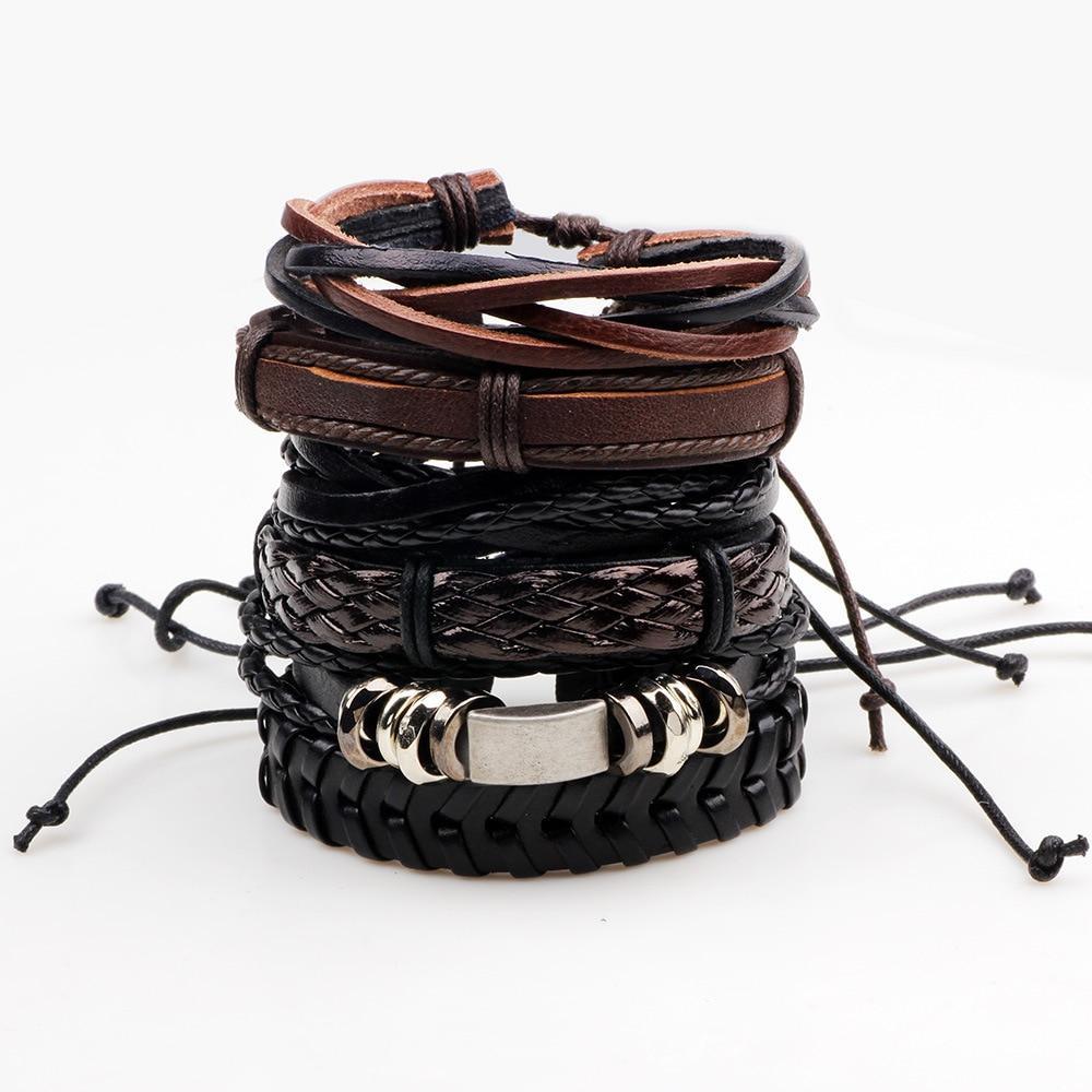 6PCS/SET BLACK WRISTBAND GENUINE LEATHER CHARM BRACELET MEN JEWELRY PU– PropelGear