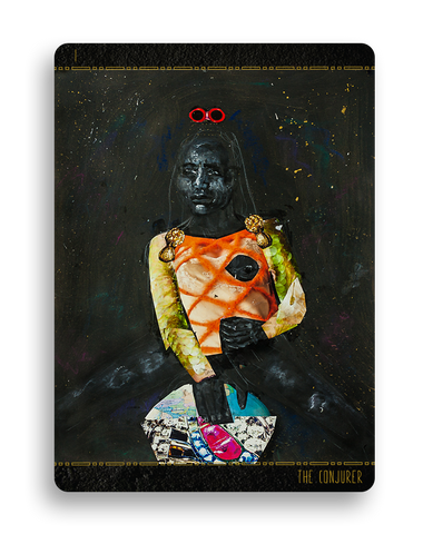 The image displays a tarot card named "The Conjurer," which is a modern interpretation of the traditional Magician card. The card's border is black, with a thin, golden geometric pattern at the top and bottom edges. The central figure is a painted character with obscured facial features, except for a pair of red circular glasses floating above where the eyes would be. The figure's torso is a collage of different textures and colors, predominantly orange, with a black hole in the center, resembling a void. Their shoulders are adorned with golden embellishments that look like ornate brooches or clasps. The figure's arms are painted in a gradient from green to orange, and they are positioned as if they are holding something at their center. Below the arms, there's a patchwork of various images and colors, including a hint of blue and pink, suggesting a chaotic blend of elements at the figure's disposal. The background is a dark, galaxy-like space with speckles of color, giving an impression of a cosmic environment. At the bottom of the card, in a modern font, the words "THE CONJURER" are inscribed, grounding the card's title in the viewer's mind.