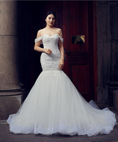 Mermaid Cape Sleeves Sweetheart Lace Tulle Sweep Train Weding Dresses Evening Dresses,MD202078