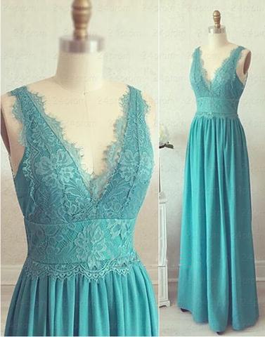 blue v-neck lace top long Bridesmaid Dresses,BD12541