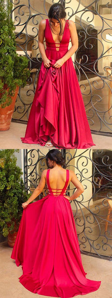red v-neck long prom dress a-line satin backless formal evening dress,HS280