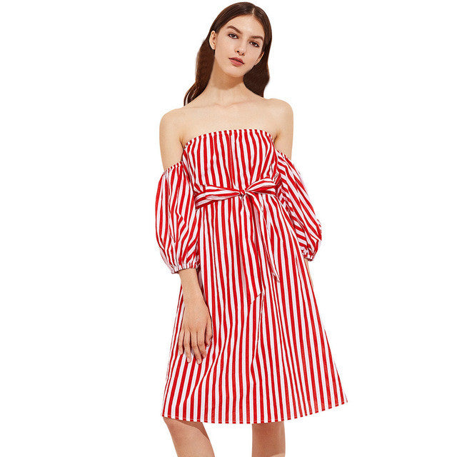 red and white off the shoulder dress