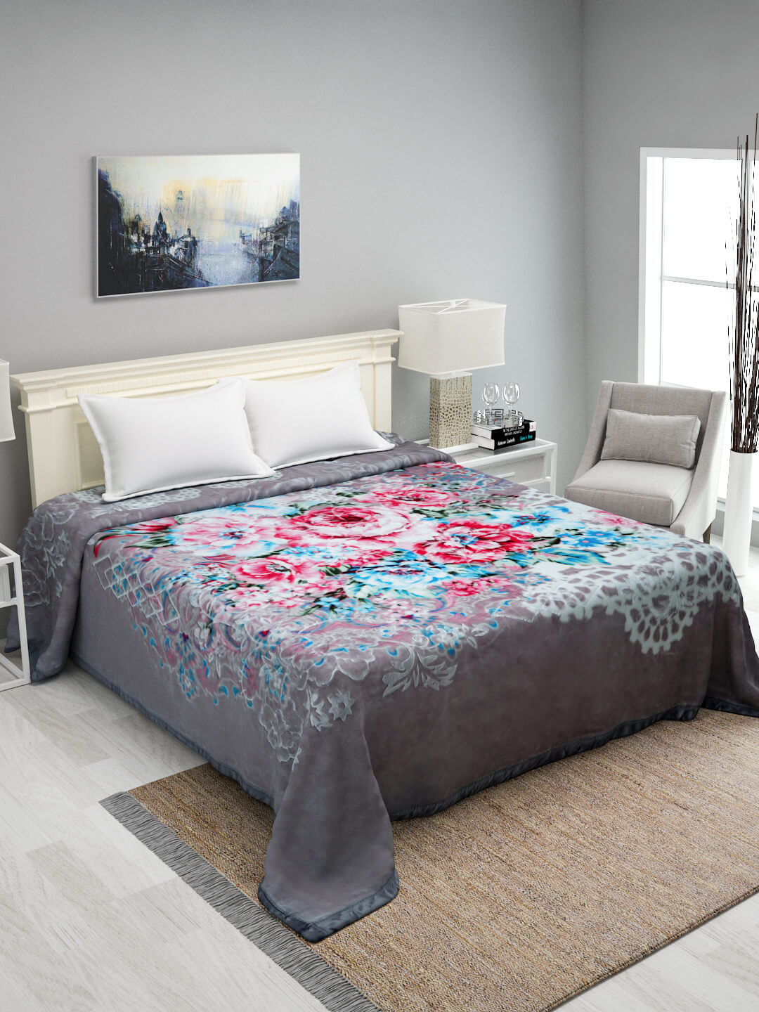 Colorful Grey Floral Design Soft Feel Warm Cozy Double Bed