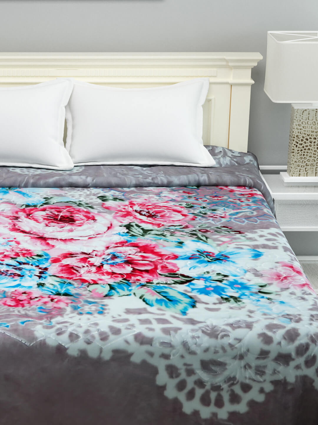 Colorful Grey Floral Design Soft Feel Warm Cozy Double Bed