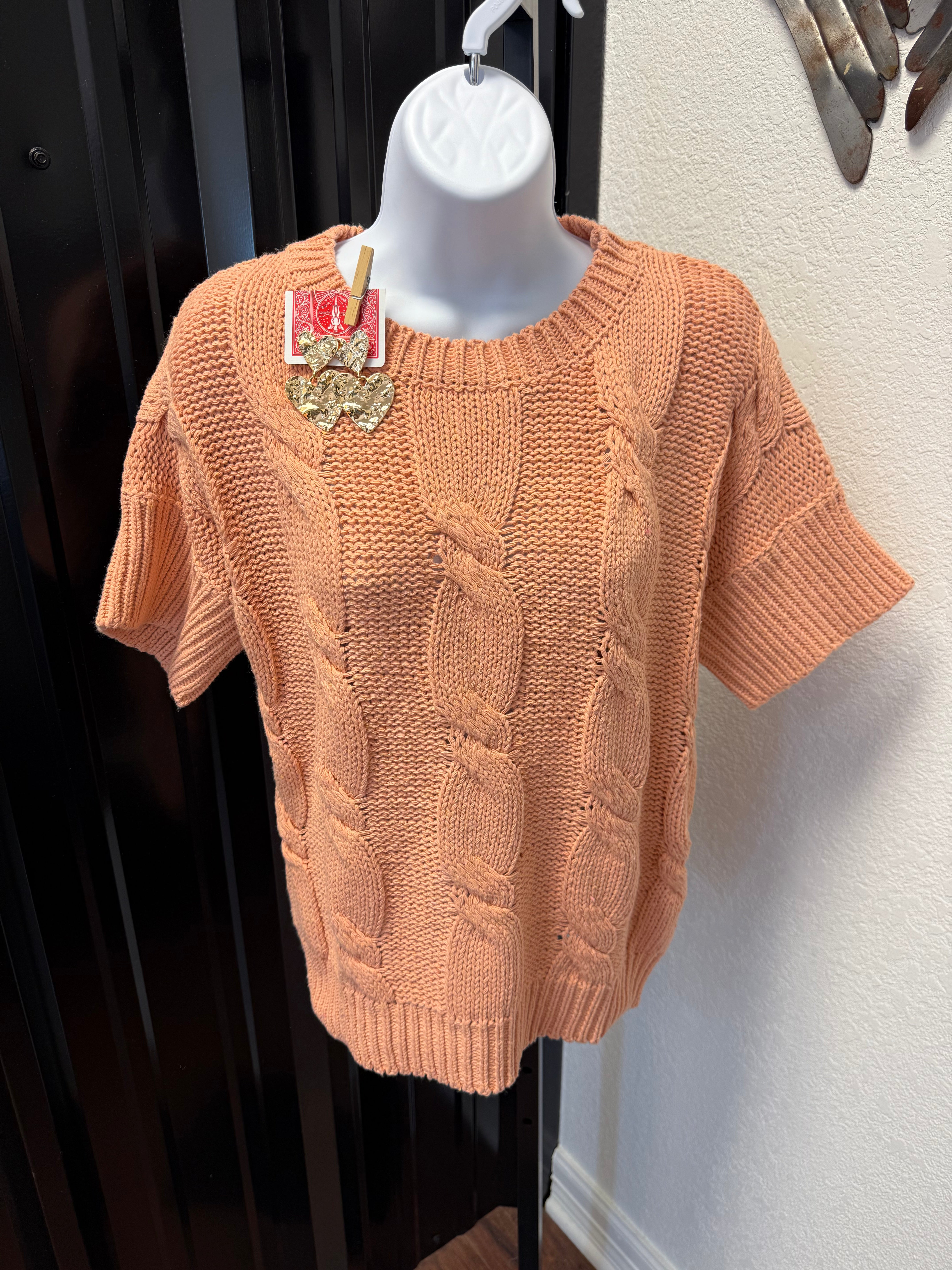 Apricot Cable Knit Short Sleeve Sweater