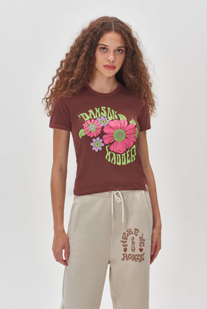 70s Flora Motif Organic Cotton T-Shirt Brown
