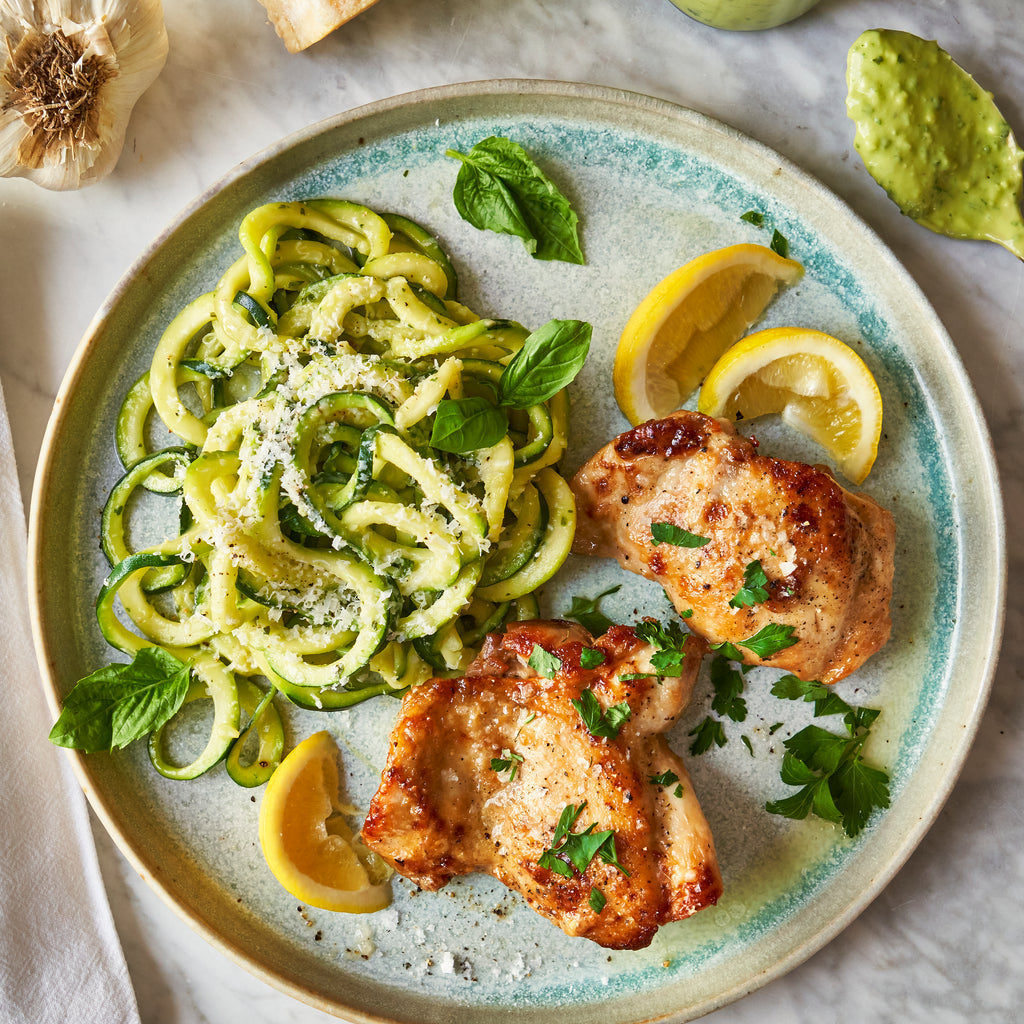 Keto Caesar Chicken Thighs with Pesto Zoodles