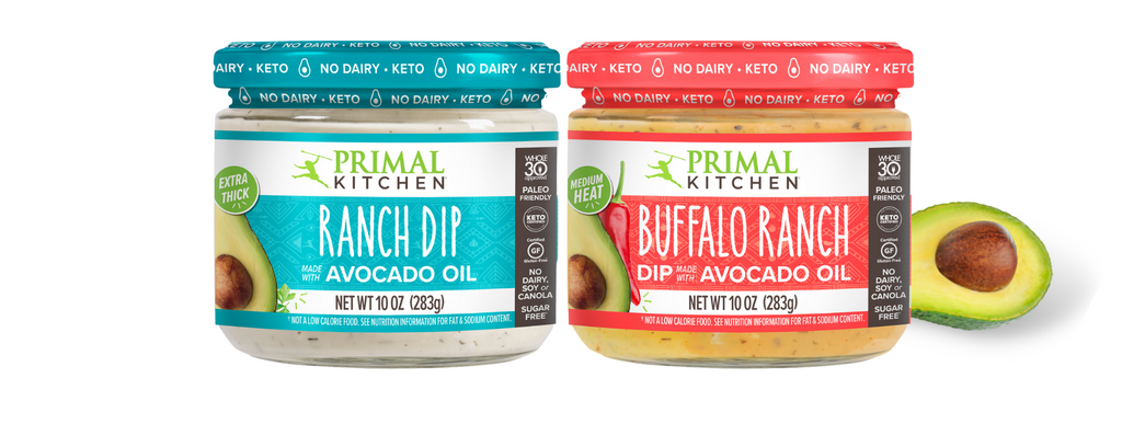 Ranch Dip and Buffalo Ranch Dip are next to each other with an avocado near by.