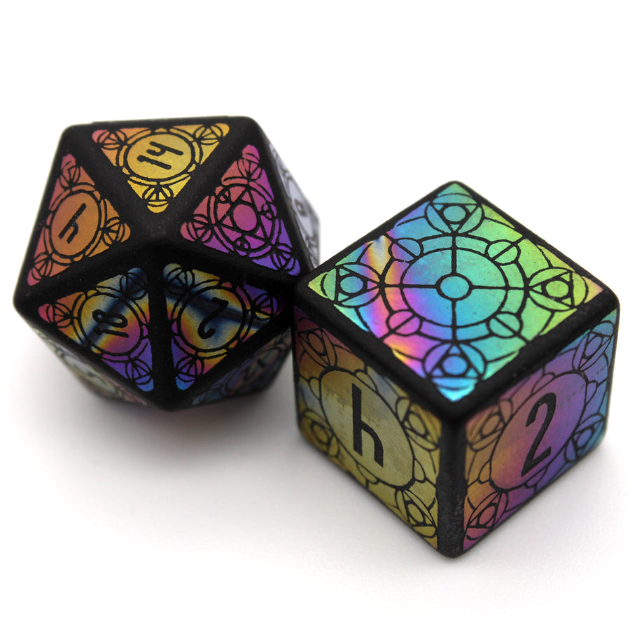 A d20 and d6 from the dice from Dice Envy’s unique polyhedral dice set DaVinci’s Sanctum.