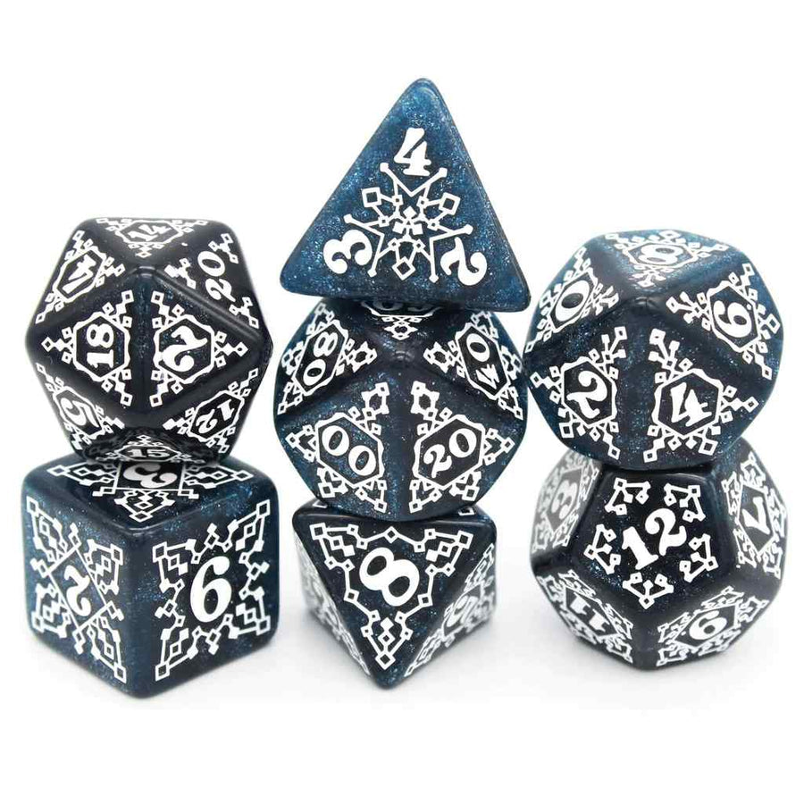 Dice Envy’s 7-piece Rime Scheme resin dice set with ice crystal numbering and dark blue backgrounds.