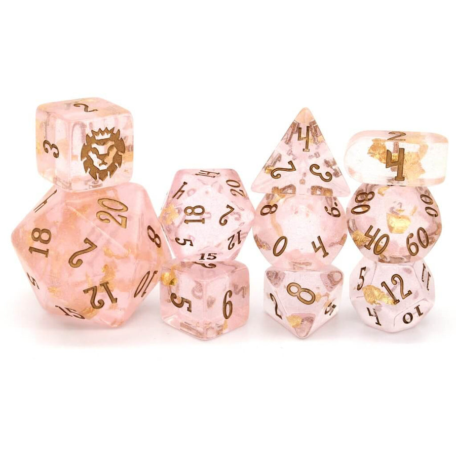 The 10-piece Celestain set by Dice Envy is a unique dice set that features a timeline-bending pink color.