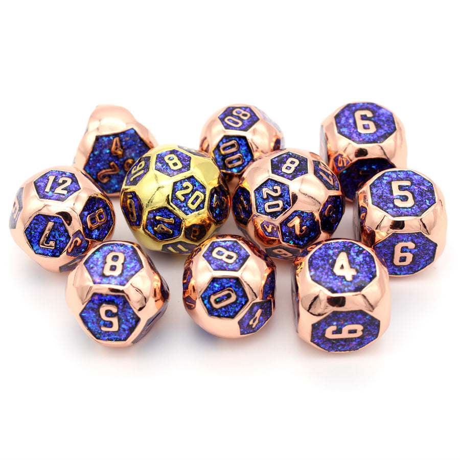 The 10-piece rose gold colored Home Game Hat Trick premium metal dice set by Dice Envy.