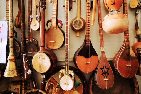 A wall of stringed instruments