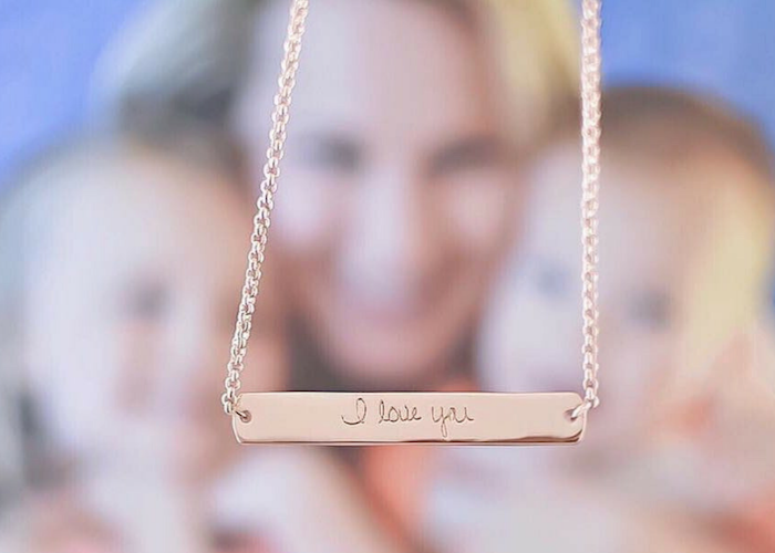 @Alongcamealeigh wrote out I love you so as to create this Custom Horizontal Bar Necklace that her daughter can treasure forever.