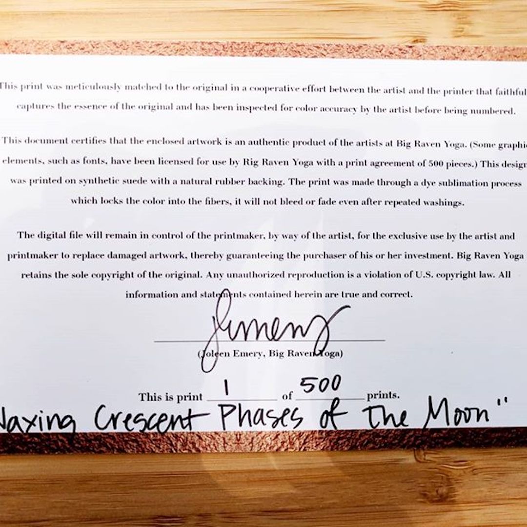 Big Raven Yoga certificate of authenticity, number 1 of 500 for the 'Waxing Crescent Phases of the Moon' yoga mat
