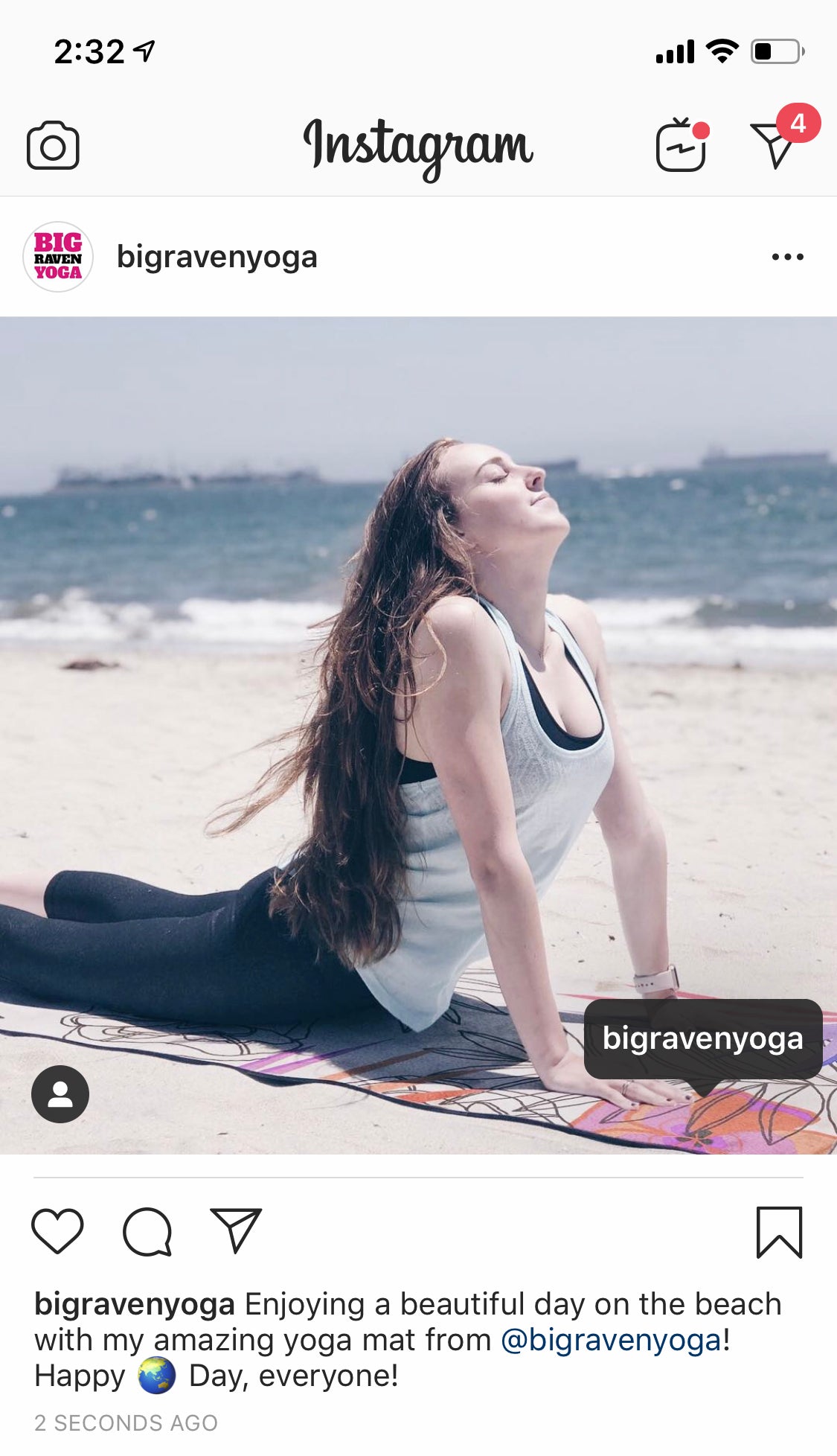 Instagram screenshot of a tagged Big Raven yoga mat post