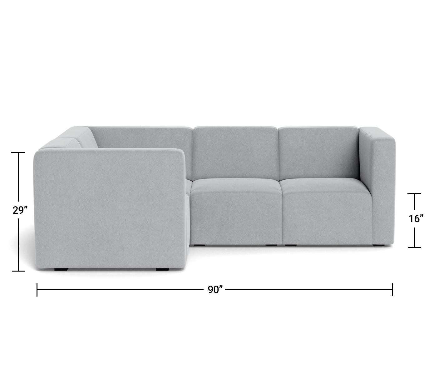 The Bruce Sectional 3-seat + corner Dimensions Front View