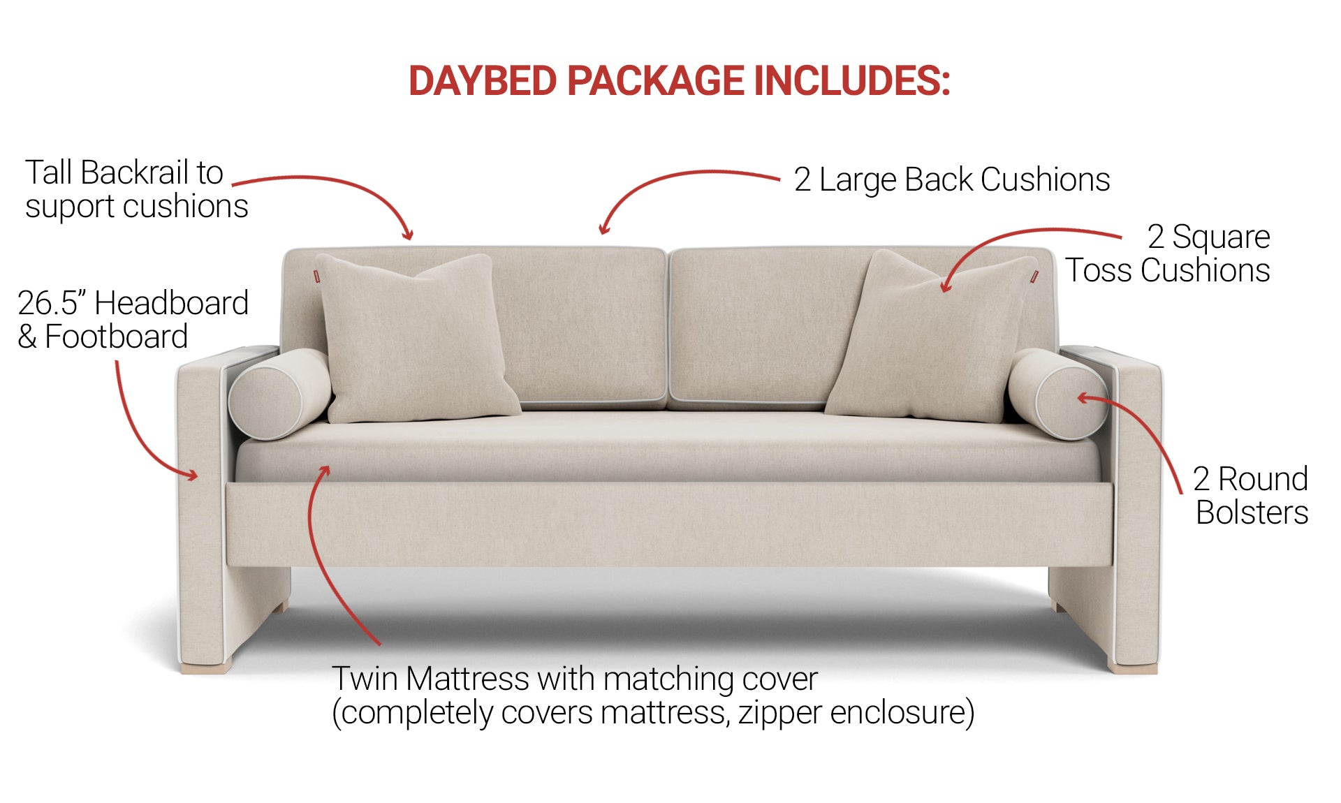 Duobeds Sofa Back Pillow - Fits Most Daybeds Stone - Performance Fabric / 36