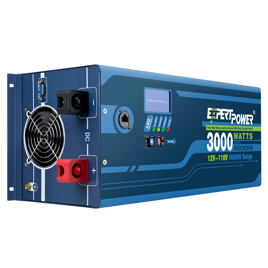 3000W Pure Sine Wave Inverter Charger | Peak 9000W | DC 12V - AC 110V |  LifePO4/ Lithium Battery Compatible | Auto Transfer Switch | LCD Display |  ExpertPower Direct