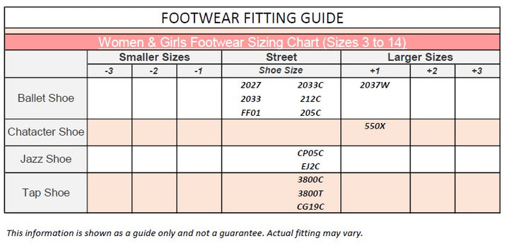 Capezio Size Chart Ballet