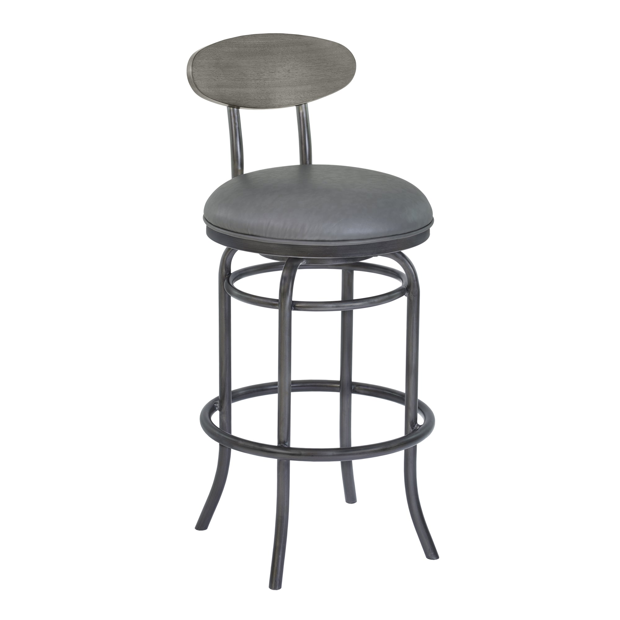 Armen Living LCDABAMFVG30 Davis 30 Bar Height Metal Swivel Barstool in Vintage Gray Faux Leather with Mineral Finish and Gray Walnut Wood Back