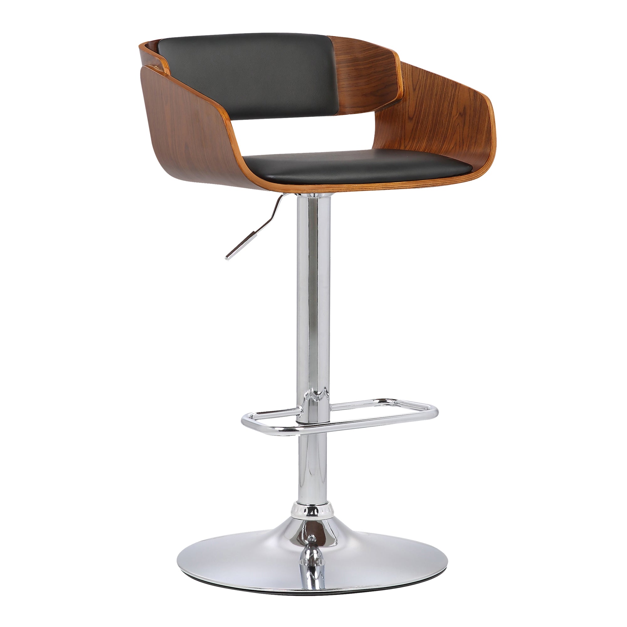 Armen Living Lcjebawabl Jenny Mid-century Adjustable Swivel Barstool In Chrome Finish With Black Faux Leather And Walnut Wood