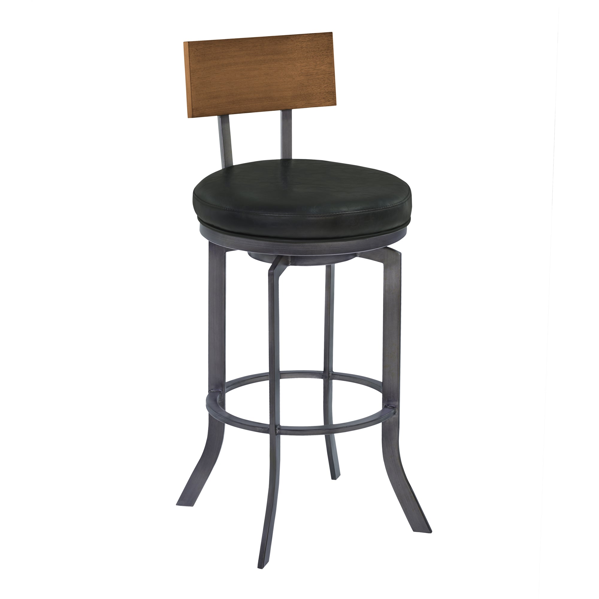 Armen Living Lcojbavb30 Ojai 30" Bar Height Metal Swivel Barstool In Vintage Black Faux Leather With Mineral Finish And Walnut Wood Back