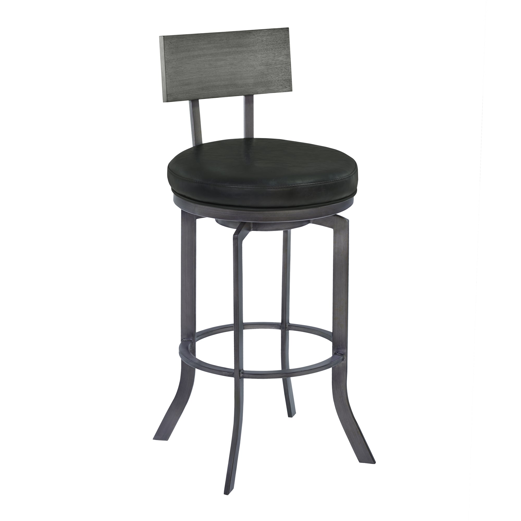 Armen Living Lcojbavbgr30 Ojai 30" Bar Height Metal Swivel Barstool In Vintage Black Faux Leather With Mineral Finish And Gray Walnut Wood Back