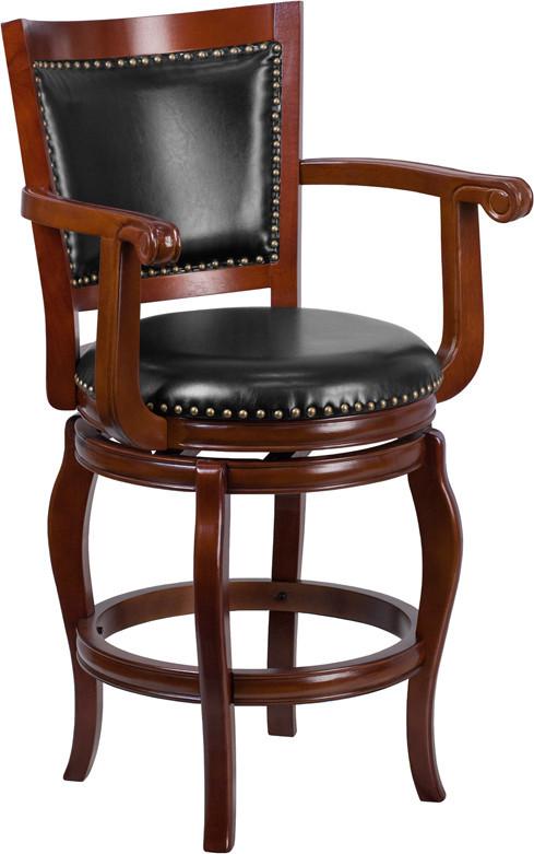 26 High Cherry Wood Counter Height Stool with Black Leather Swivel Seat