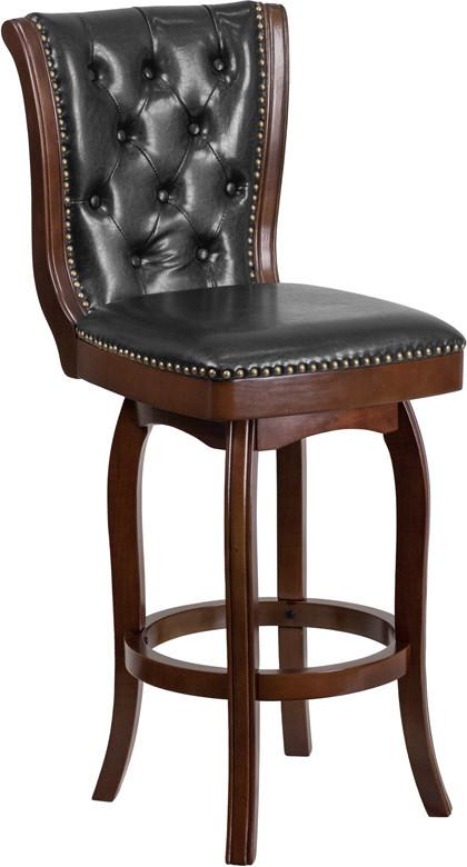 30 High Cappuccino Wood Barstool with Black Leather Swivel Seat