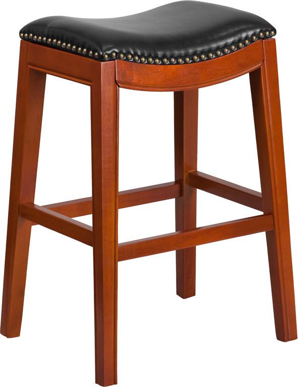 30 High Backless Light Cherry Wood Barstool with Black Leather Seat