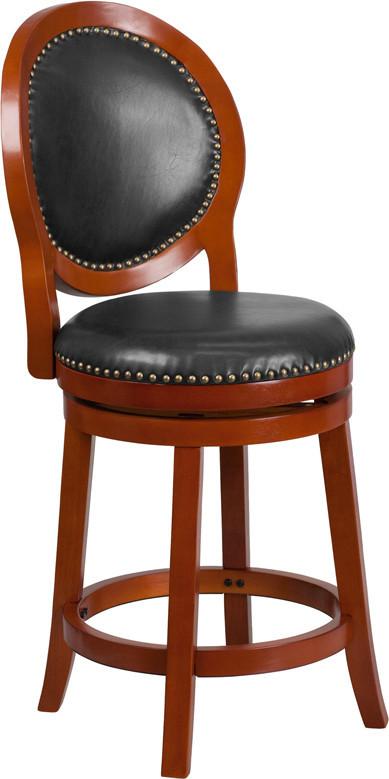 26 High Light Cherry Counter Height Wood Barstool with Walnut Leather Swivel Seat