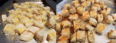 Sourdough Dam Good™ English Muffin Croutons before and after baking