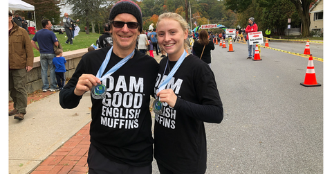 Ross (co-founder) and Olivia Weale (operations manager) at the Harry Chapin Run Against Hunger in 2019, Dam Good English Muffins was a sponsor of the event.