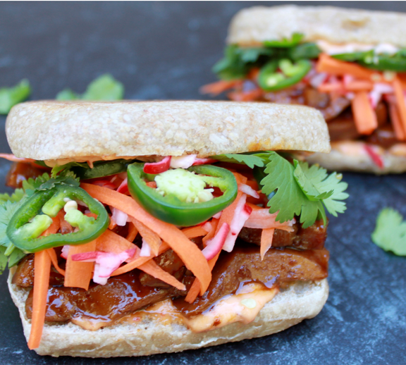 Seitan Banh Mi Sandwich on a Sourdough Whole Wheat Dam Good English Muffin