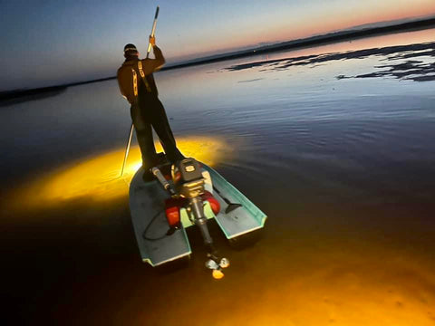 Flounder Gigging Boat with Swamp Eye LED Submersible Lights