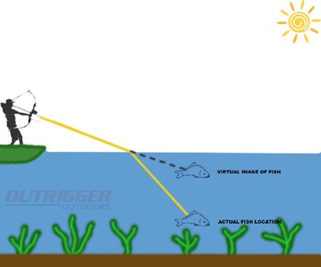 bowfishing infographic showing water refraction angle and how to aim low