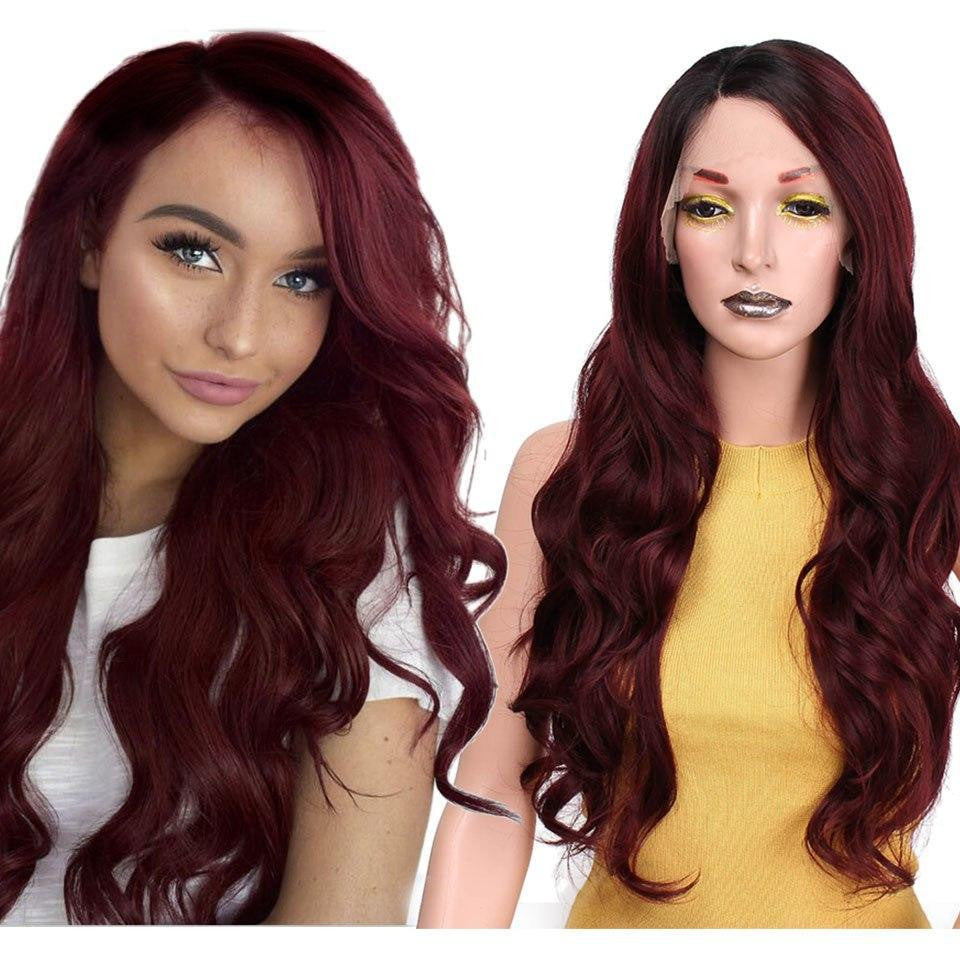 I S A Wig 24 Inch Ombre Dark Red Long Wavy Wig Perucas Front