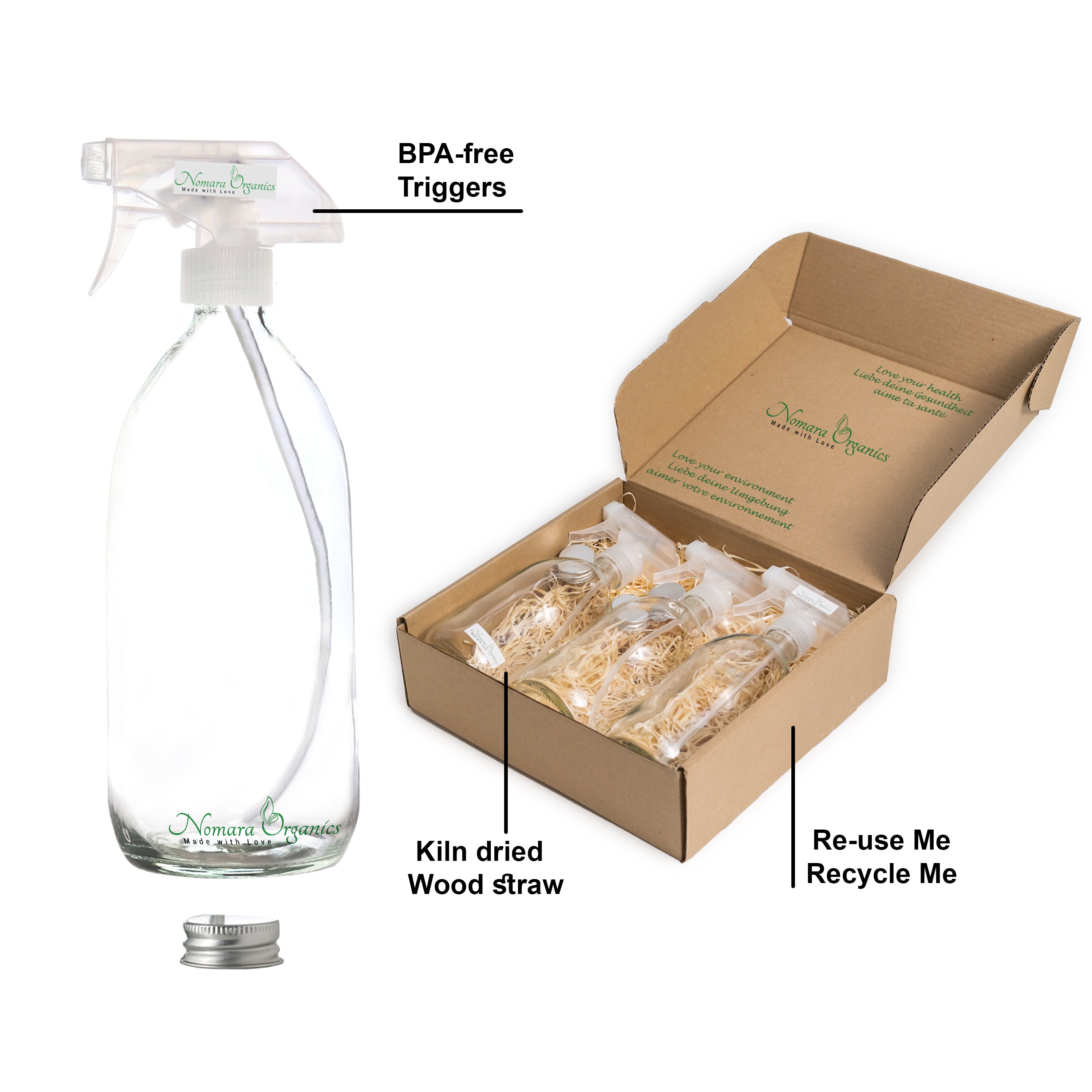 Download Premium Clear Glass Spray Bottles 3 x 500ml by Nomara Organics®. Boxed