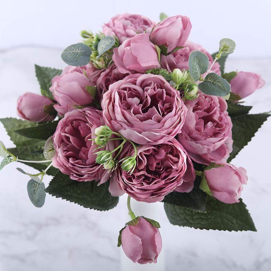 30cm Rose Pink Silk Peony Artificial Flowers Bouquet 5 Big Head And 4